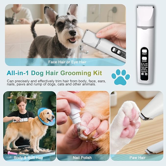 4 in 1 Dog Clippers Grooming Kit with LED Screen, Cordless Quiet Paw Trimmer & Nail Grinder, Rechargeable Waterproof Feet Ear Body Hair Shaver for Cats Dogs Pet Supplies, Pure White
