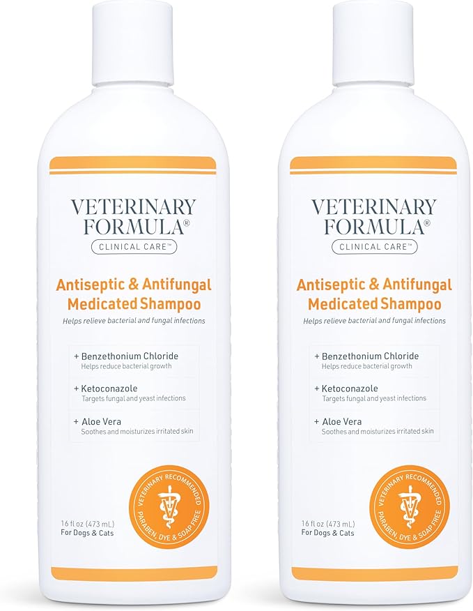 Veterinary Formula Clinical Care Antiseptic and Antifungal Medicated Shampoo for Dogs & Cats, 16 Fl Oz – Helps Alleviate Scaly, Greasy, red Skin – Paraben, Dye, Soap-Free (2 Pack)
