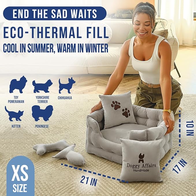 Luxury Dog Bed Chesterfield – Handcrafted Velvet Throne for Dogs | Joint Support, Calming & Temp-Regulating Comfort | Durable 5+ Years, Anti-Claw, Washable 100+ Times – XS, Gray