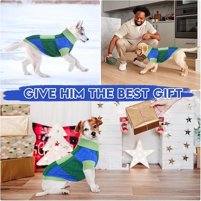Turtleneck Pet Sweaters for Dogs Boys or Girls,Color Inlay and Moving Needle Pattern Dog Sweater,Pet Clothes,Dog Sweaters,Suitable for Various Breeds Dogs or Sizes (Green Group,L)