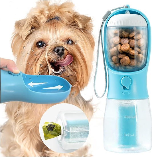 Portable Water Bottle for Small Dogs, 3 in 1 Pet Travel Bowl Dispenser with Food Treat Container & Poop Bag Holder, Summer Walking Hiking Accessories for Puppy On The Go - Blue, 10oz