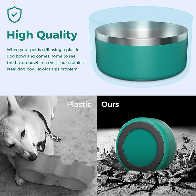 Dog Bowl, Stainless Steel Dog Food and Water Bowl with Non Slip Quiet Bottom, Easy to Clean, Dishwasher Safe, 64oz, Deep Green