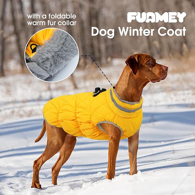 FUAMEY Dog Coat for Large Dogs,Waterproof Dog Winter Jacket with Harness Built in Puppy Cold Weather Coats Reflective Pet Vest with Zipper Warm Fleece Dogs Snowsuit Windproof Yellow XL