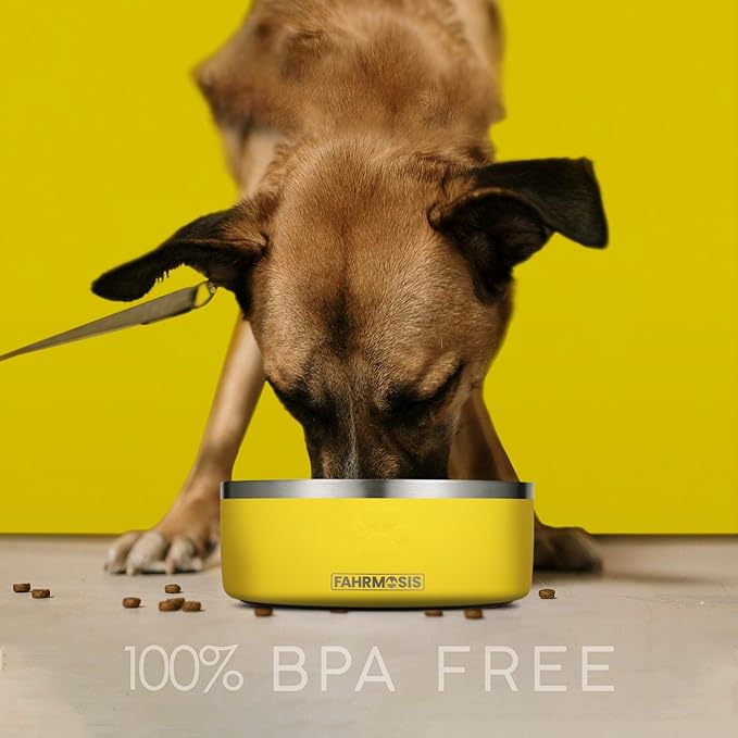 32 Oz Dog Bowl with Slow Feeder Insert Stainless Steel Pet Water Bowl for Medium & Large Breed Non Slip Rubber Base & Plastic Puzzle Feeder - Yellow