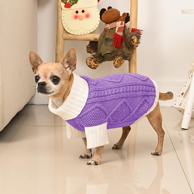 Dog Sweater for Small Dogs Argyle Cable Knit Turtleneck Pullover Winter Clothes Boys Girls Stretch Puppy Doggie Chihuahua Yorkie Pomeranian Toy Poodle Pet (S, Purple)