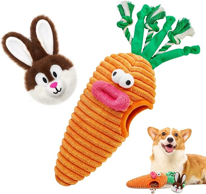 Easter Dog Toys, Hide and Seek Dog Toys, Squeaky Puzzle Dog Toy for Small and Medium Dogs, Interactive Cute Bunny and Carrot Easter Gift with Rope for Teething