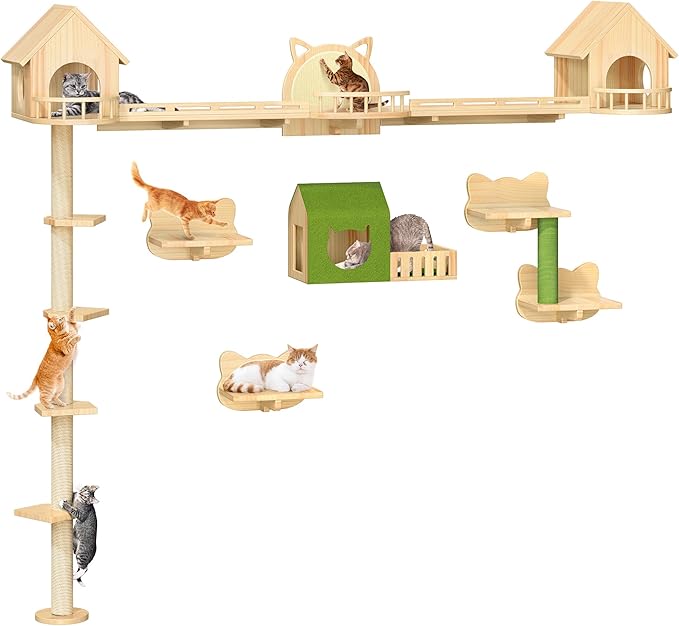 DWVO Solid Wood Cat Wall Shelves and Perches, Tall Floor to Ceiling Cat Tower w Scratching Posts, Wall Mounted Cats Furniture Climbing Shelves for Large Cats w Houses, Steps, Runway, Scratching Board