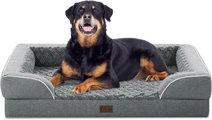 Orthopedic XL Dog Beds, Waterproof Memory Foam Big Bolster Pet Bed for Extra Large Sized Dogs 45x35Inch, Non-Slip Bottom and Egg-Crate Foam Dog Couch Bed with Washable Removable Cover, Grey