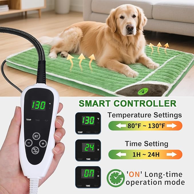 Large Heated Dog Bed 40x27x2 in,Equipped with MET/UL Dual Certified Heating Pad and Intelligent Controller,Thickened Memory Sponge+100% Plush Heated Pet Bed,Indoor Puppy Bed with Side Pillows