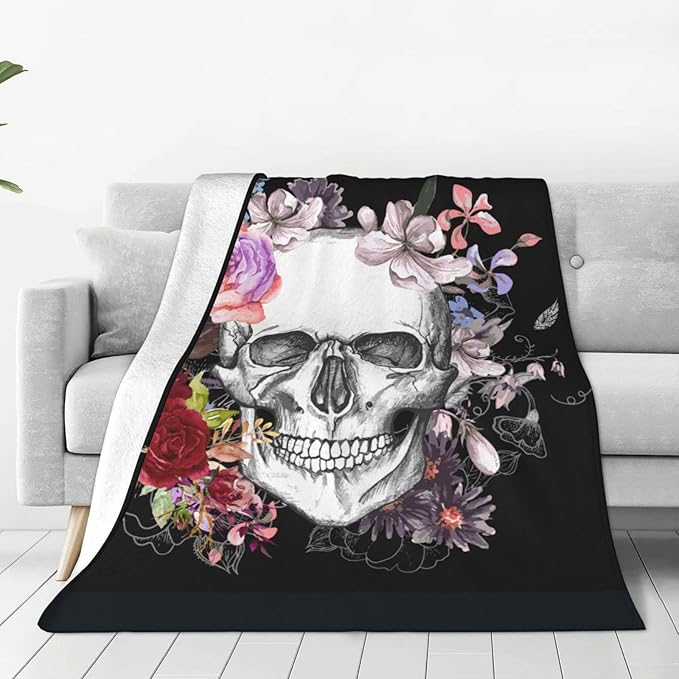 Skull and Flowers Day of The Dead Throw Blankets Lightweight Plush Fuzzy Cozy Soft Bedding, Fleece Throw Blankets All Season for Sofa Couch Bed 50x60 inches