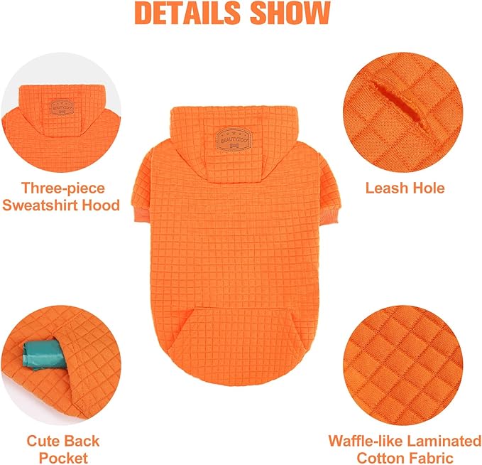 BEAUTYZOO Small Dog Hoodie Sweater with Pockets, Dog Clothes for Small Medium Dogs Boy Girl, Waffle-Like Laminated Cotton Pet Coats with Hat and Leash Hole, Orange XS