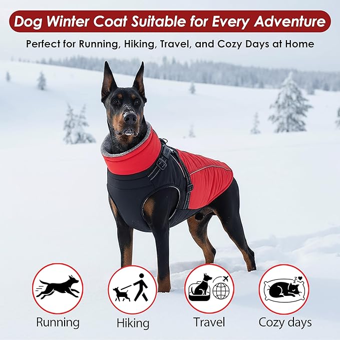 ASENKU Reflective Dog Coat with Built-in Harness, Windproof Fleece-Lined Dog Jacket for Small, Medium, Large Dogs, Warm Winter Vest with Turtleneck & Zipper (Red 2XL)