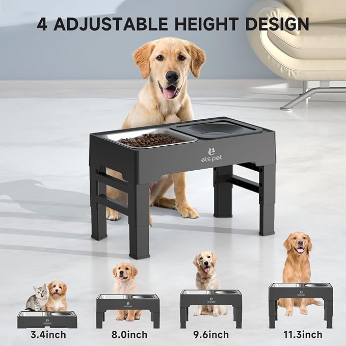 ELS PET Elevated Dog Bowls, Adjustable Raised Dog Bowls with No Spill Dog Water Bowl and Stainless Steel/Slow Feeder, for Small Medium Large Dogs,Cats & Pets (Stainless Steel)