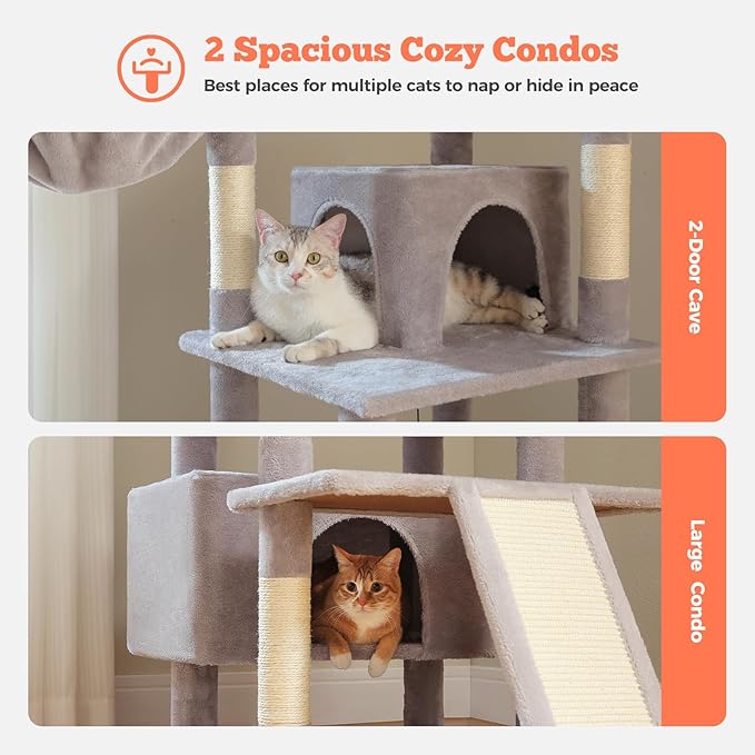81 Inches Tall Cat Tree for Indoor Cats Large Adult - Multi-Level Cat Tower with Large Metal Frame Hammock, 2-in-1 Scratching Ramp, 2 Top Perches, 2 Cozy Condos & 6 Scratching Posts - Grey