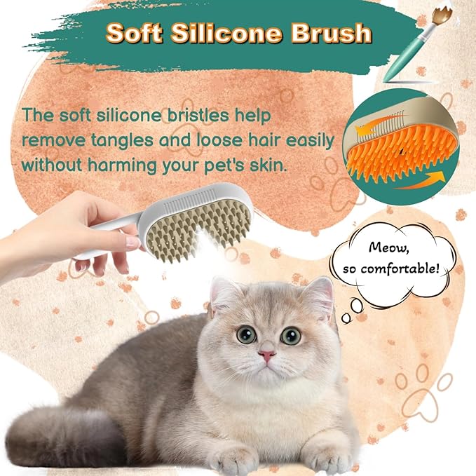 SteamCat 3 in 1 Cordless Cat Grooming Brush, Built-in Lithium Battery, Silicone Massaging, Removes Static & Pet Hair, for Cats & Dogs (White)