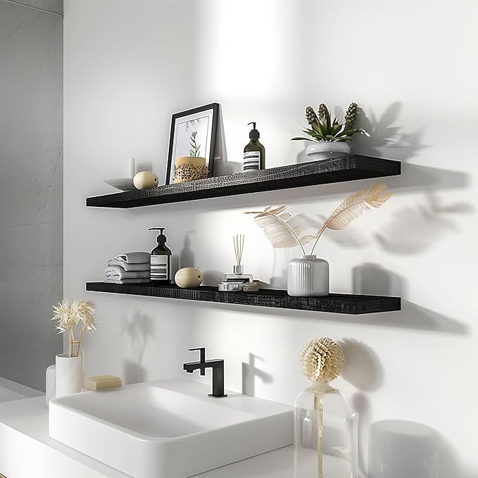 48 Inch Black Wood Floating Shelves for Wall Rustic Wall Shelf for Bedroom Living Room Set of 4