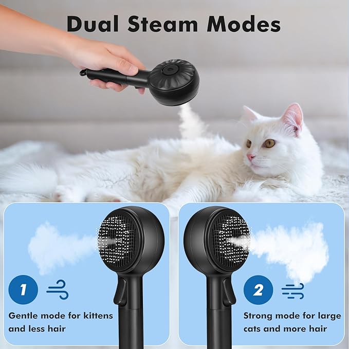 Cat Steam Brush with 2 Steam Modes for Cats Dogs Shedding, Low Noise Pet Hair Brush with One Release Button Cool Mist for Indoor Cats
