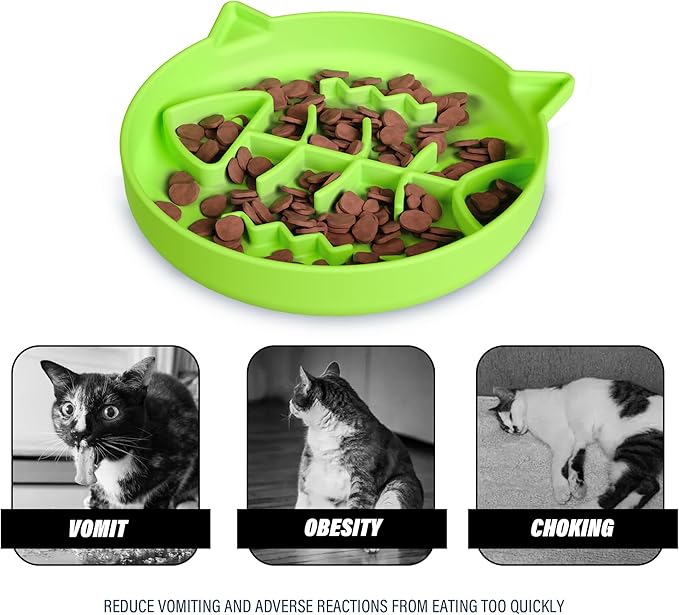 Silicone Cat Slow Feeder Bowl With Suction Cups - Interactive Puzzle Toy to Reduce Overeating in Kitty (Green, 1 Cup)