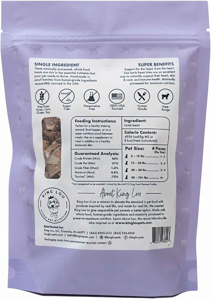 King Lou Pets - Lamb Hearts for Dogs and Cats - USA-Made Freeze Dried Lamb Dog Treats - Taurine, Zinc, and Iron - 1lb Prior to Freeze-Drying