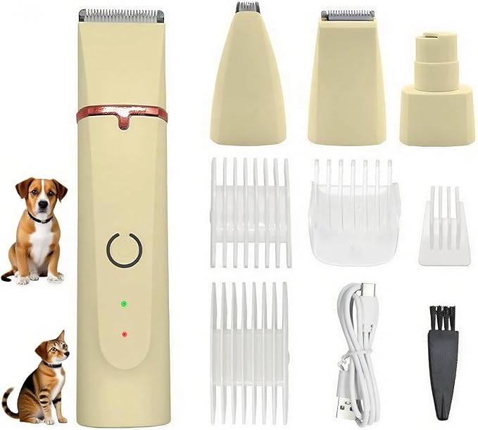 4 in 1 Pet Dog Cat Grooming Kit Dog Cat Nail Ear Paw Clipper Trimmer Pet Hair Grooming Clipper-Low Noise Rechargeable - Cordless Quiet Nail Grinder Trimming Hair Around Eyes and Ears (Beige)