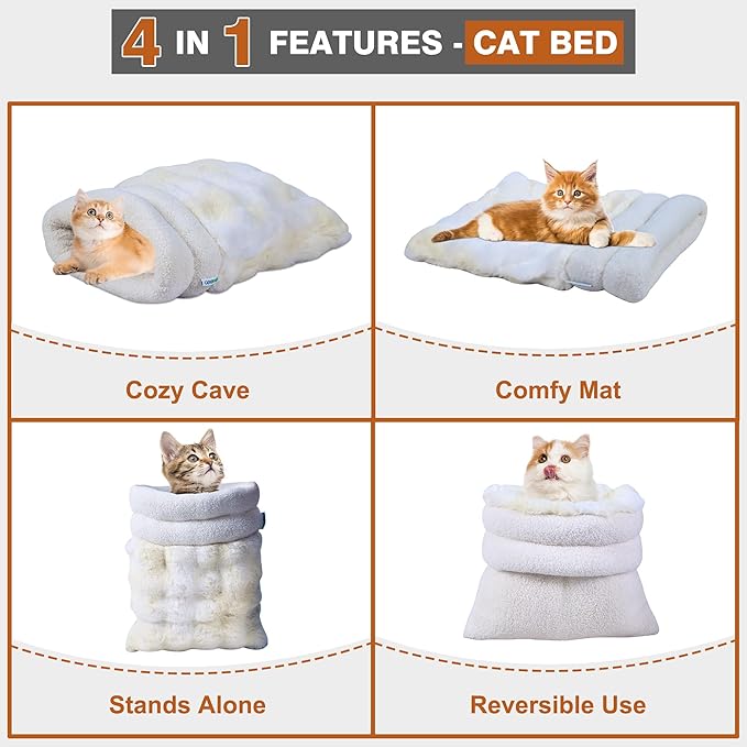4 in 1 Self Warming Burrow Cat Bed, Pet Hideway Sleeping Cuddle Cave (Style2- Cream)