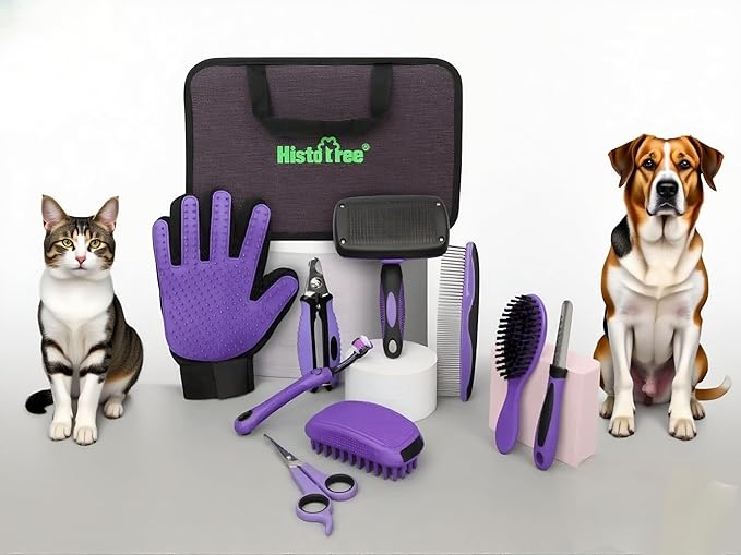 Pet Hair Grooming Tool Kit-9 Packs Dog Cat Grooming Kit Pet Dog Cat Grooming Supplies Washing Gloves Slicker Brush Kit Nail Grider Trimming Tools Pet Toothbrush Comb and Grooming Scissors Set