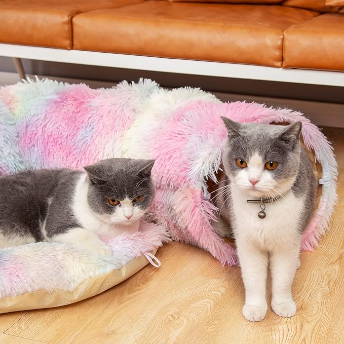 LUCKITTY Warm Fluffy Plush Cat Dog Tunnel Bed with Washable Cushion-Big Tube Playground Toys 3 FT Diameter Longer Crinkle Collapsible 3 Way, for Indoor Cat Kitty Kitten Puppy Rabbit Ferret Rainbow