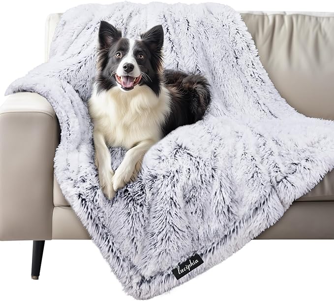 Luciphia Large Waterproof Dog Blanket Pet Washable Liquid Proof Furniture Protector Shaggy Plush Calming Long Faux Fur Bed Cover for Couch Cat Blankets Reversible Protection, Mist Grey, 50" x 60"