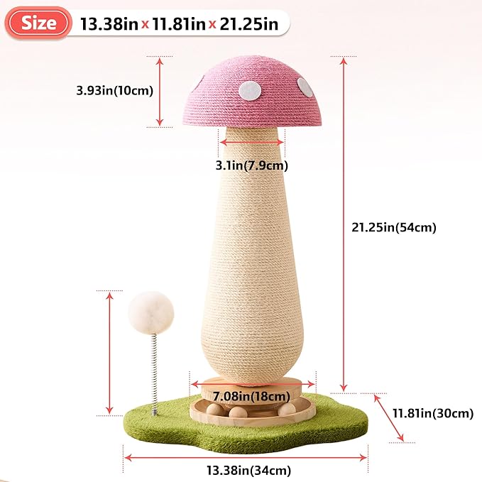 Mushroom Cat Scratching Post Cat Tree, 21.5โโ H Cute Cat Scratcher Tower with Durable Solid Wood Turntable Toy, Baby Pink Mushroom Scratch Post Cat Sisal Scratcher with Catnip for Indoor Adult Cats