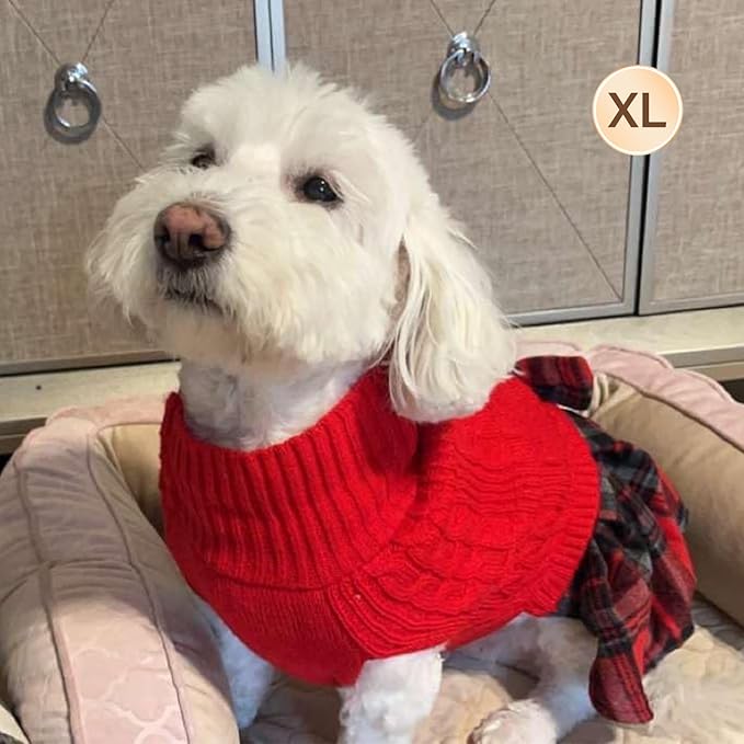 KYEESE Dog Sweater Warm Pullover Pet Coats Stretchy Cat Sweaters Thick Dogs Clothes with Bowtie Comfy Knitwear Dog Sweaters for Small Dogs Girl Soft Turtleneck Pet Sweater Dress, Red, X-Large