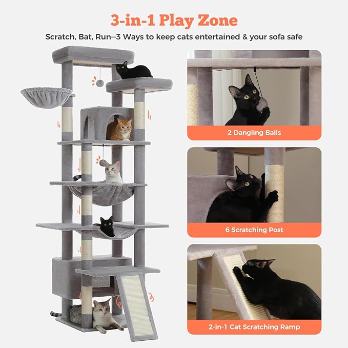 81 Inches Tall Cat Tree for Indoor Cats Large Adult - Multi-Level Cat Tower with Large Metal Frame Hammock, 2-in-1 Scratching Ramp, 2 Top Perches, 2 Cozy Condos & 6 Scratching Posts - Grey