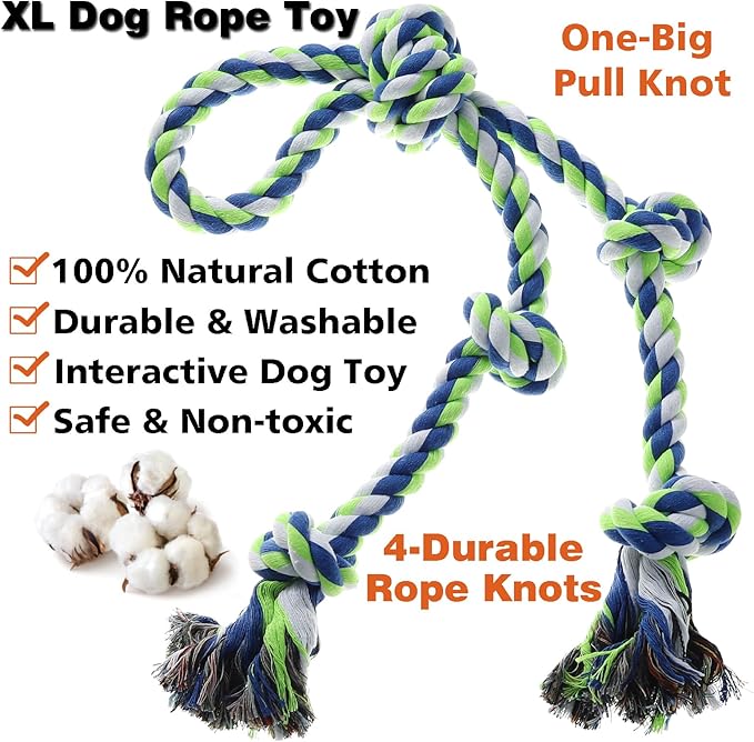 Rope Toy for Dogs,Large Dog Rope Toys for Aggressive Chewers, Heavy Duty Dog Toys for Large Medium Breed, Indestructible Tough Chew Toys Tug of War Dog Toy Cotton Rope for Teeth Cleaning