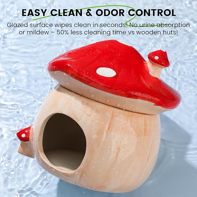 Ceramic Hamster Hideout, Hamster Water Bottle Holder and Food Bowl, Red Ceramic Mushroom House Design– Complete Cage Accessories for Small Animal cage Decorations