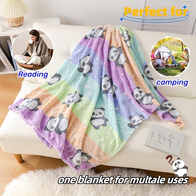 Best Gift Halloween Glow in The Dark Panda Throw Blanket with Storage Bag, Soft Cozy Kids Blanket for Birthday New Year, Fun Cartoon Panda Colorful, 50"x60" Twin Size