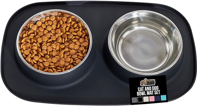 GORILLA GRIP Feeding Mat Set, Patent Pending 100% Waterproof BPA Free Silicone, Stainless Steel Cat and Dog Bowls, Slip Resistant, High Edges Catch Water Food, US Designed Pet Accessories, 1 Cup Black