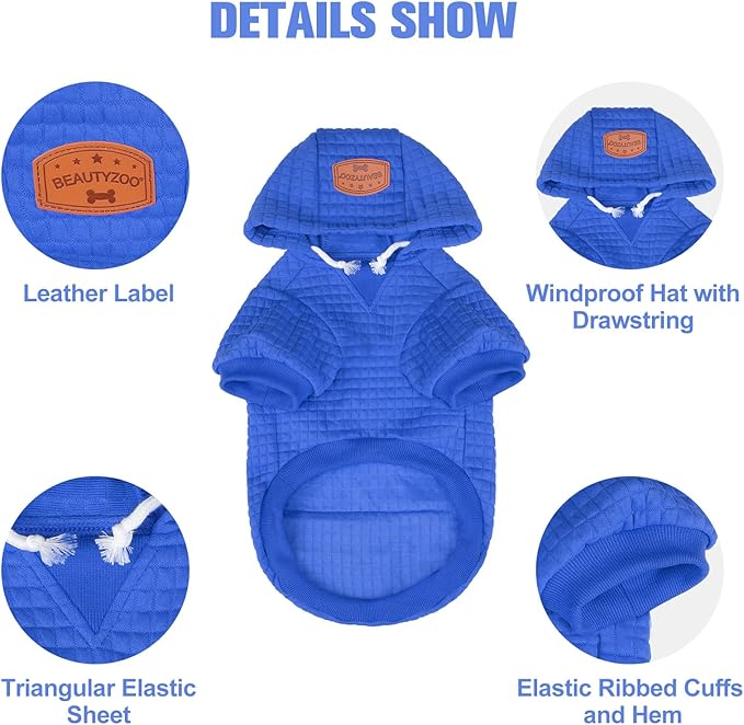 BEAUTYZOO Small Dog Hoodie Sweater with Pockets, Dog Clothes for Small Medium Dogs Boy Girl, Waffle-Like Laminated Cotton Pet Coats with Hat and Leash Hole, Blue S