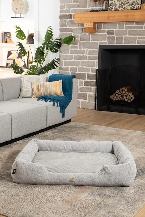 Furry's Paradise Foam Cuddler Waterproof Bolster Pet Bed with Reversible Cushion, Recycled Fibers and Non-Slip Bottom. (Gray Paisley, Orthopedic Small)