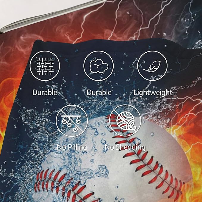 Baseball Blanket Throw Blanket for Boy & Kids, Warm Soft Flannel Blanket, Lightweight Sport All Season Blanket for Couch Bed Sofa Home Decor (40"x 50", White Ball in Fire and Water)