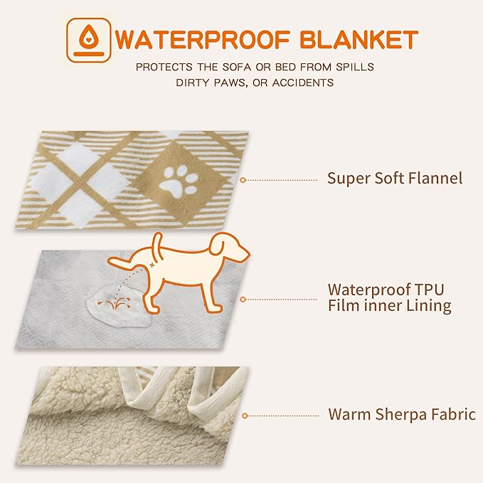 Waterproof Dog Blankets Pet Blanket 50"x60", Soft Fluffy Sofa Car Bed Protector, Reversible Sherpa Fleece Dog Blanket for Large Dogs Christmas Decor(Light Yellow)
