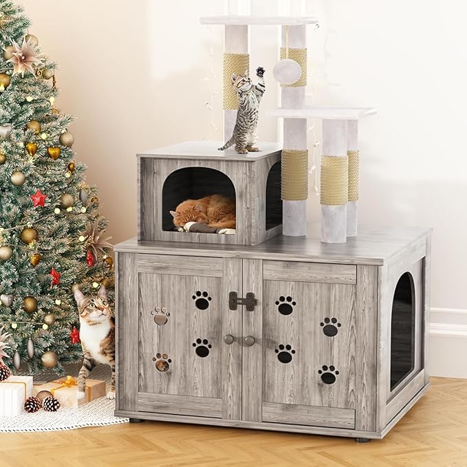 Cat Litter Box Enclosure with Cat Tree Tower 2-in-1 Hidden Pet Washroom Furniture with Scratching Post and Soft Plush Perch Platform Wooden Cat House Divided Condo for Indoor Large Cats Gray