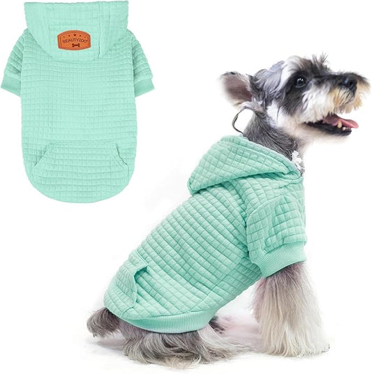 BEAUTYZOO Small Dog Hoodie Sweater with Pockets, Dog Clothes for Small Medium Dogs Boy Girl, Waffle-Like Laminated Cotton Pet Coats with Hat and Leash Hole, Mint Green SM
