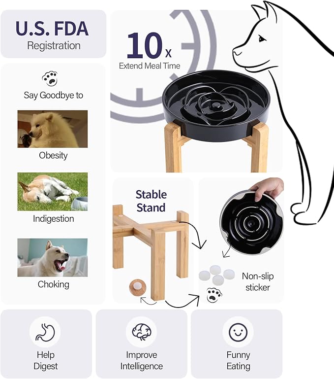 Black Elevated/Raised Dog Bowl Ceramic Slow Feeder with Wood Stand for Small Medium Large Dogs, 8.66 in Dog Dish to Slow Down Eating,Modern Heavy Slow Puppy Bowl for Fast Eaters