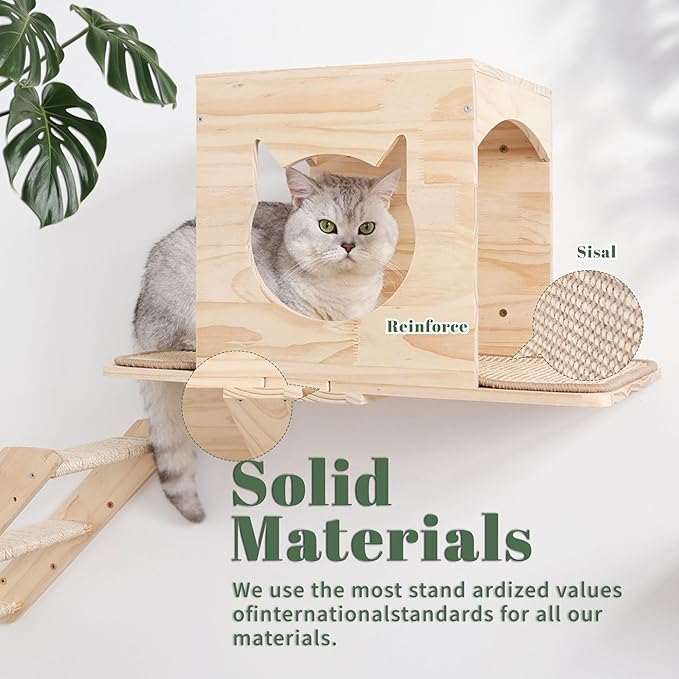 A Cat Wall Shelves Set – 5PCS Extra-Large Mounted Cat Furniture with 2 Wide Platforms, Sisal Scratch Post, Solid Wood Climbing System for Large Indoor Cats