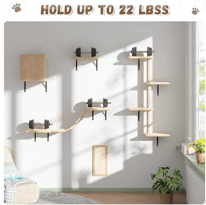 Cat Wall Shelves, Wall Mounted Cat Furniture, Cat Wall Cimber with Perches, Scratchers and Condo, Set of 5 (Beige)