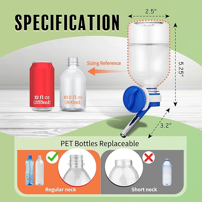 Choco Nose Patented No-Drip Water Bottle/Feeder for Guinea Pigs/Hamsters/Bunnies/Ferrets/Other Small Pets, Critters and Animals - for Cages, Crates or Wall Mount. 10.2oz. Nozzle 10mm, Blue (C128)