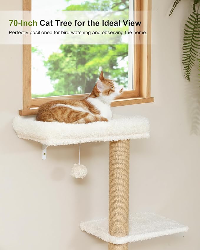 FUKUMARU Cat Wall Shelves, Stable 3-in-1 Wall Mounted Cats Furniture Set, Kitten Scratching Post with Soft Cushion Perch, Space Saving Climbing Wall for 16 Inch Drywall - Beige