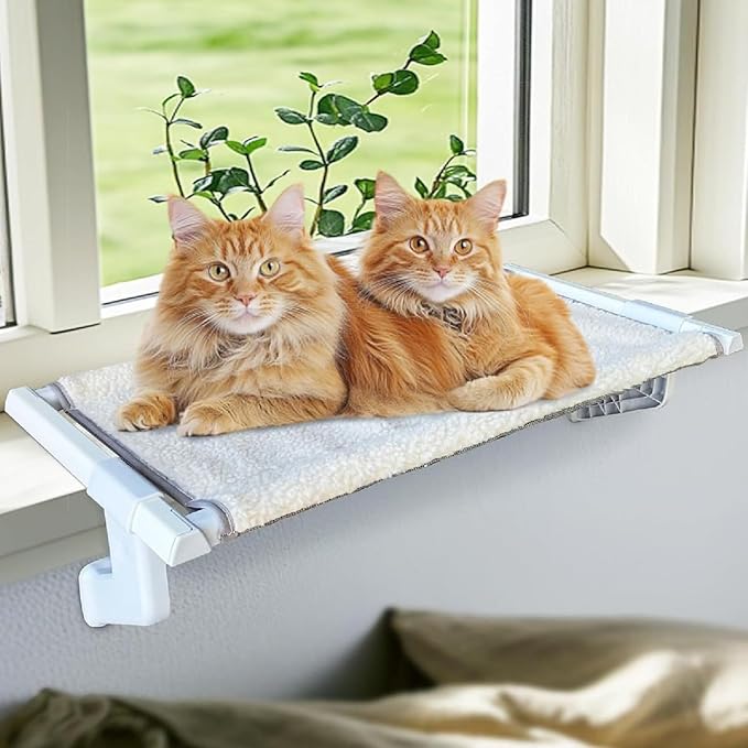Cat Bed Window Sill Perch,Adjustable Cat Bedside Hammock Metal Frame Kitten Shelf Windowsill for Indoor Large Heavy Cats No Drilling Window Sill Extender for Pets (White, L)