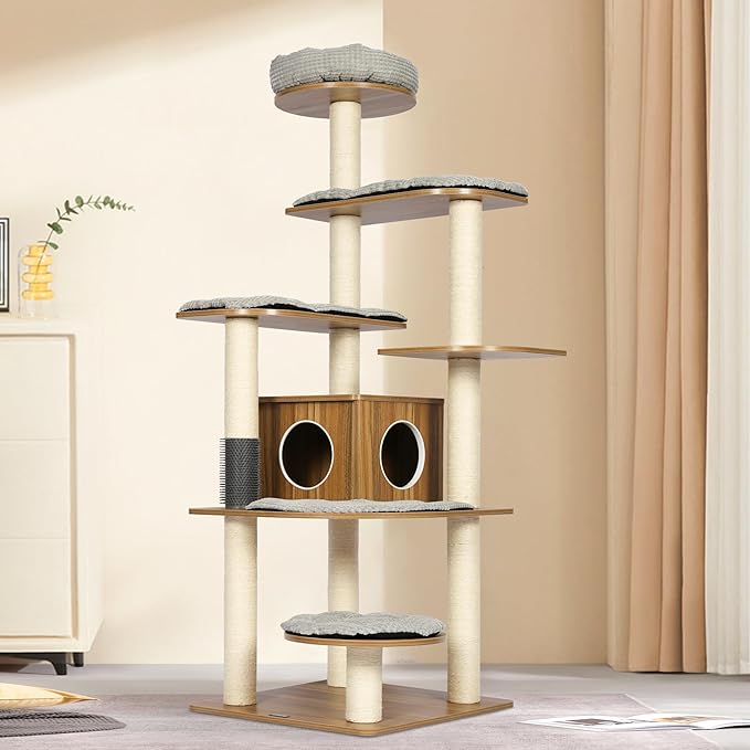 KAMABOKO Tall Wood Cat Tree, 69โ Large Cat Tower Multi-Level Platforms with Sisal Scratching Posts, Cat Tree for Large Cats 20 lbs Heavy Duty, Cat Condo Furniture for Active Cats