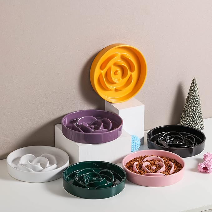 8.66 in Purple Dog Feeder Ceramic for Medium & Large Breeds, Slow Feeding Dog Food & Water Dish, Puzzle Slow Eating Bowl Modern Maze