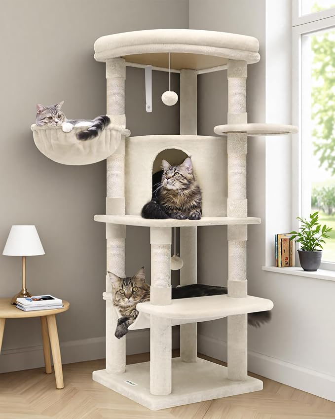 Globlazer Corner Cat Tree Tower with Scratching Post for Indoor Cats, 51in Plush Multi-Level Cat Tower with Large Hammock, Fan-Shaped Padded Perch, Spacious Cat Condo, Hanging Basket, C51, Light Beige